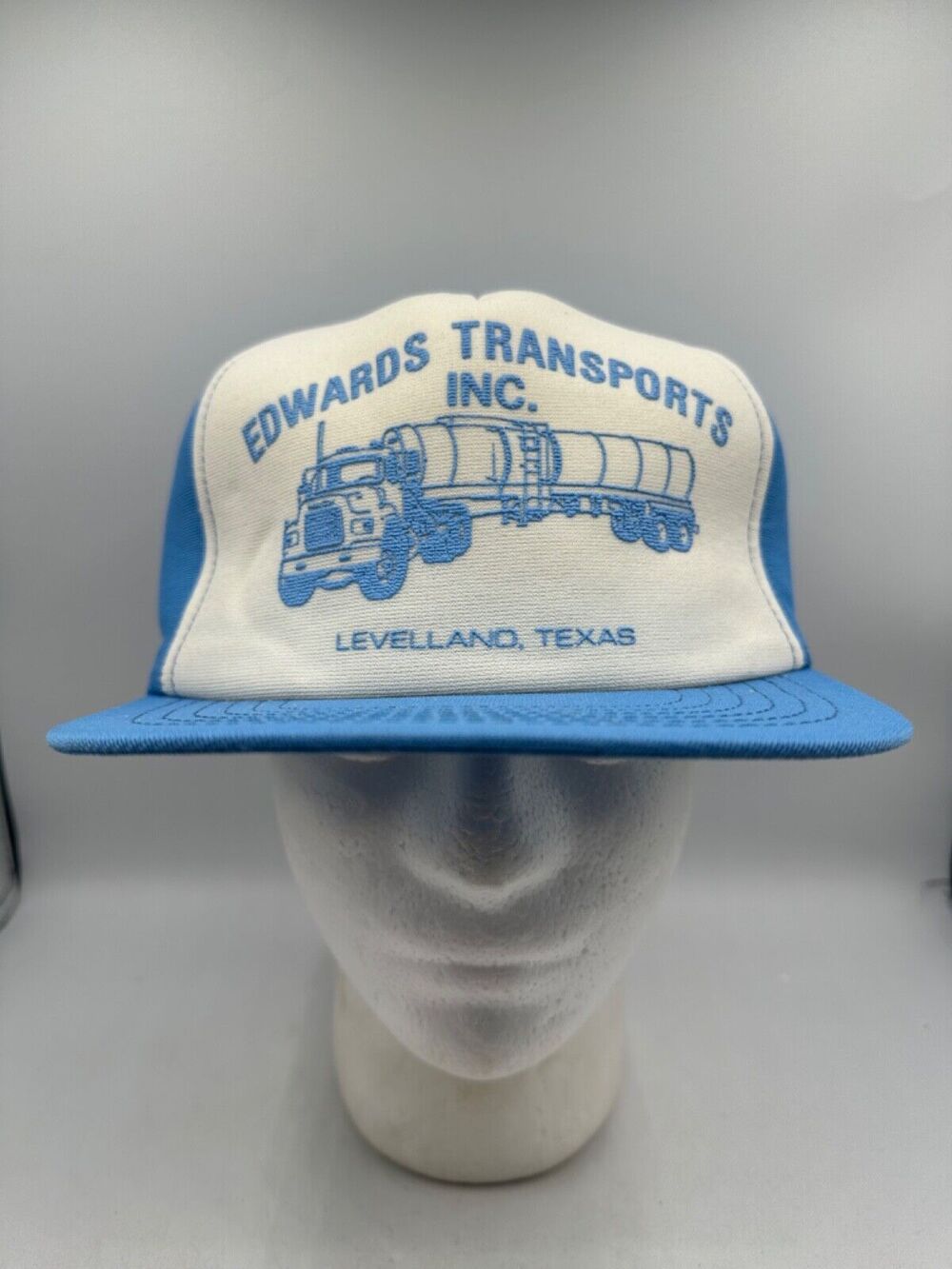 Vtg Edwards Transports Inc Hat Snapback USA Trucker Oil Semi Gas TX Foam Blue